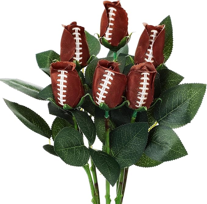 Suhine 6 Pcs Artificial Football Rose Flowers Sports Party Favors Bulk for Birthday Graduation Wedding Party Decorations Table Centerpieces Game Day Tailgate Senior Night Gift(Football Color, Normal)