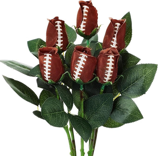 Suhine 6 Pcs Artificial Football Rose Flowers Sports Party Favors Bulk for Birthday Graduation Wedding Party Decorations Table Centerpieces Game Day Tailgate Senior Night Gift(Football Color, Normal)