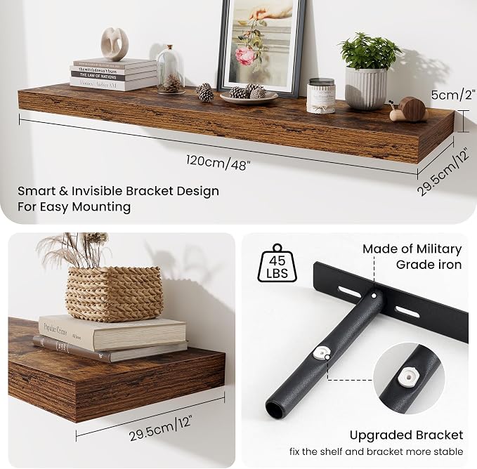 48 Inch Floating Shelves for Wall - 12 Inch Deep Fireplace Mantel Shelf - Wood Floating Shelf for Wall - Large Storage Shelves Wall Mount for Living Room & Bedroom - Rustic Brown - Set of 1