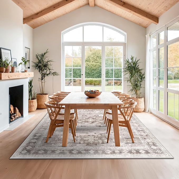Boho Beige Rug for Living Room - Washable 10x12 Area Rug, Dining Room Rugs for Under Table, Soft Low Pile Carpet for Bedroom - Farmhouse Decor, Non-Slip & Stain Resistance (10x12 Beige/Latte)