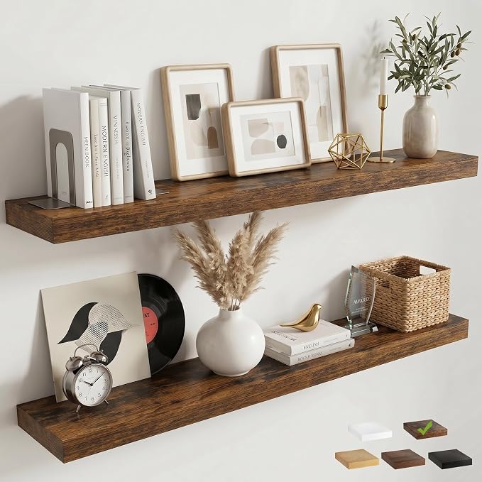 48 Inch Floating Shelves for Wall, 8"D Wood Storage Shelves, Brown Finish | Engineered Wood, Invisible Bracket, Large Storage, Easy Install, Hold Up to 77lbs, Living Room, Bathroom, Bedroom, Kitchen