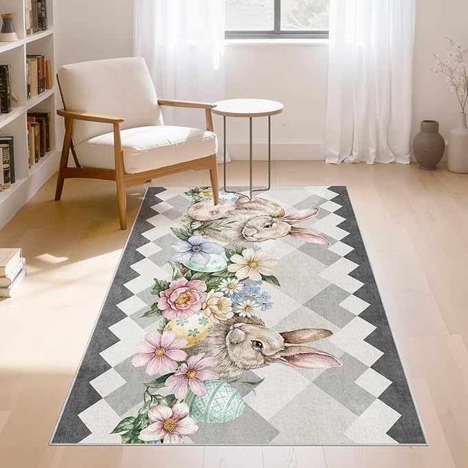 cotiled Area Rug for Living Room, Washable Non-Slip Large Area Rug, Indoor Floor Carpet Low Pile Soft Boho Farmhouse Rug for Bedroom Dining Room Grey 3x5