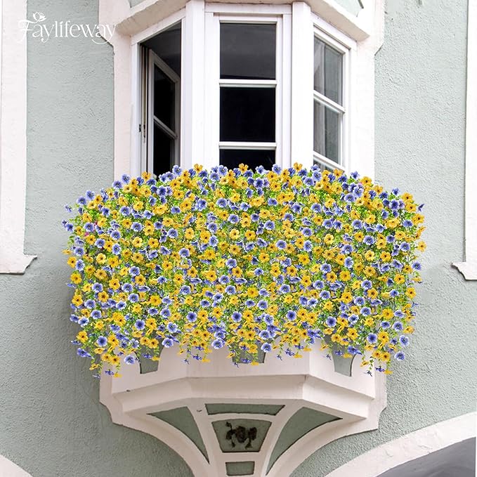 Artificial Hanging Flowers for Outdoors Spring Summer Decoration, 8PCS UV Resistant Silk Fake Hanging Plants for Patio Porch Front Yard Window Garden Indoor Decor(Blue&Yellow,8PCS)