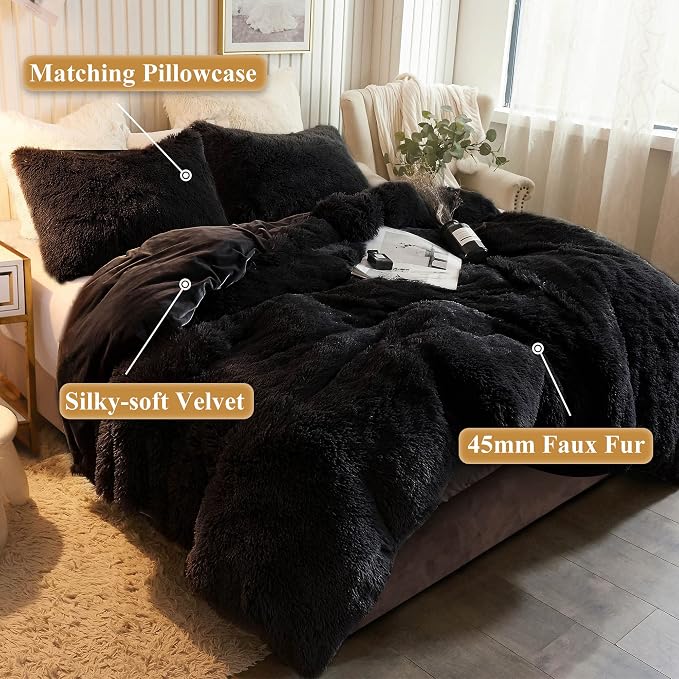 XeGe Plush Shaggy Duvet Cover Set, Luxury Ultra Soft Crystal Velvet Fluffy Bedding Sets 3 Pieces(1 Furry Faux Fur Comforter Cover + 2 Fuzzy Faux Fur Pillow Cases), Zipper Closure(King, Black)