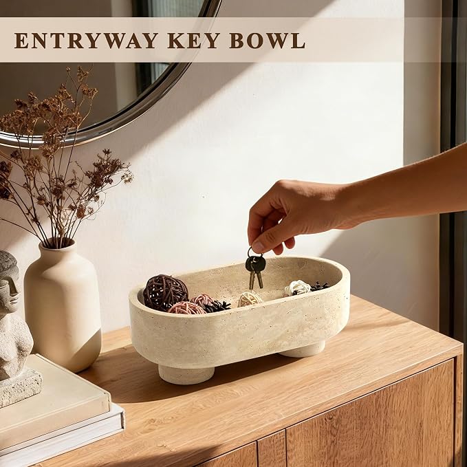 Natural Oval Travertine Stone Fruit Bowl, Two-Legged Decorative Bowl Beige | 10" Large Handcrafted Marble Catchall Bowl for Home Decor. Fruit Basket Bowl, Entryway Bowl, Pedestal Bowl for Dining Table