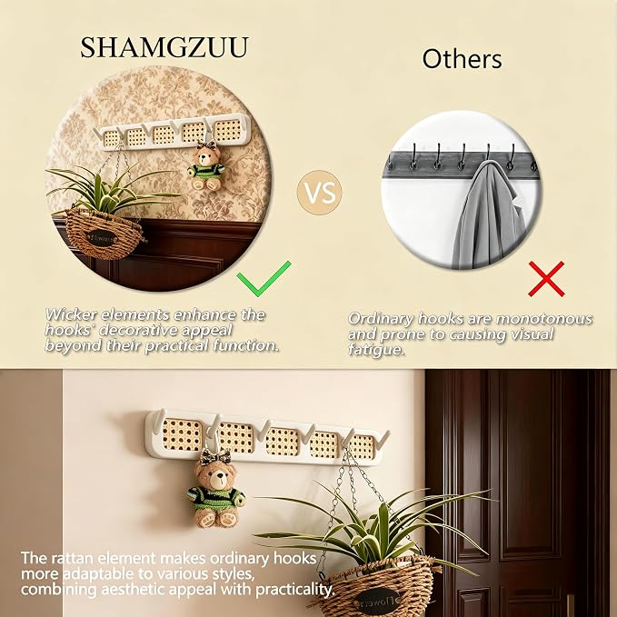 Coat Rack Wall Mount, Rattan Coat Hooks Hanger Wall Mounted | Wall Mount, For Hanging Clothes Hats Bags Jacket Towels Plants Rack Rail