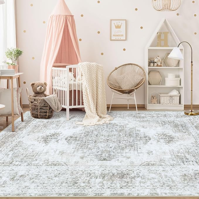 XLUEZ Area Rug 6x9 Living Room Rug, Machine Washable Vintage Distressed Medallion Rug Non-Slip Soft Low Pile Large Indoor Rugs for Bedroom Kitchen Dining Room Office(Taupe,6'x9')
