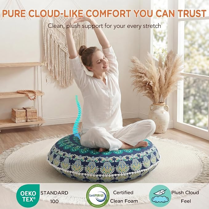 Codi Meditation Floor Pillow, Round Large Pillows Seating for Adults, Bohemian Mandala Circle Cushion for Outdoor Fireplace Yoga Living Room, 32 Inch, Memory Foam Added, Green
