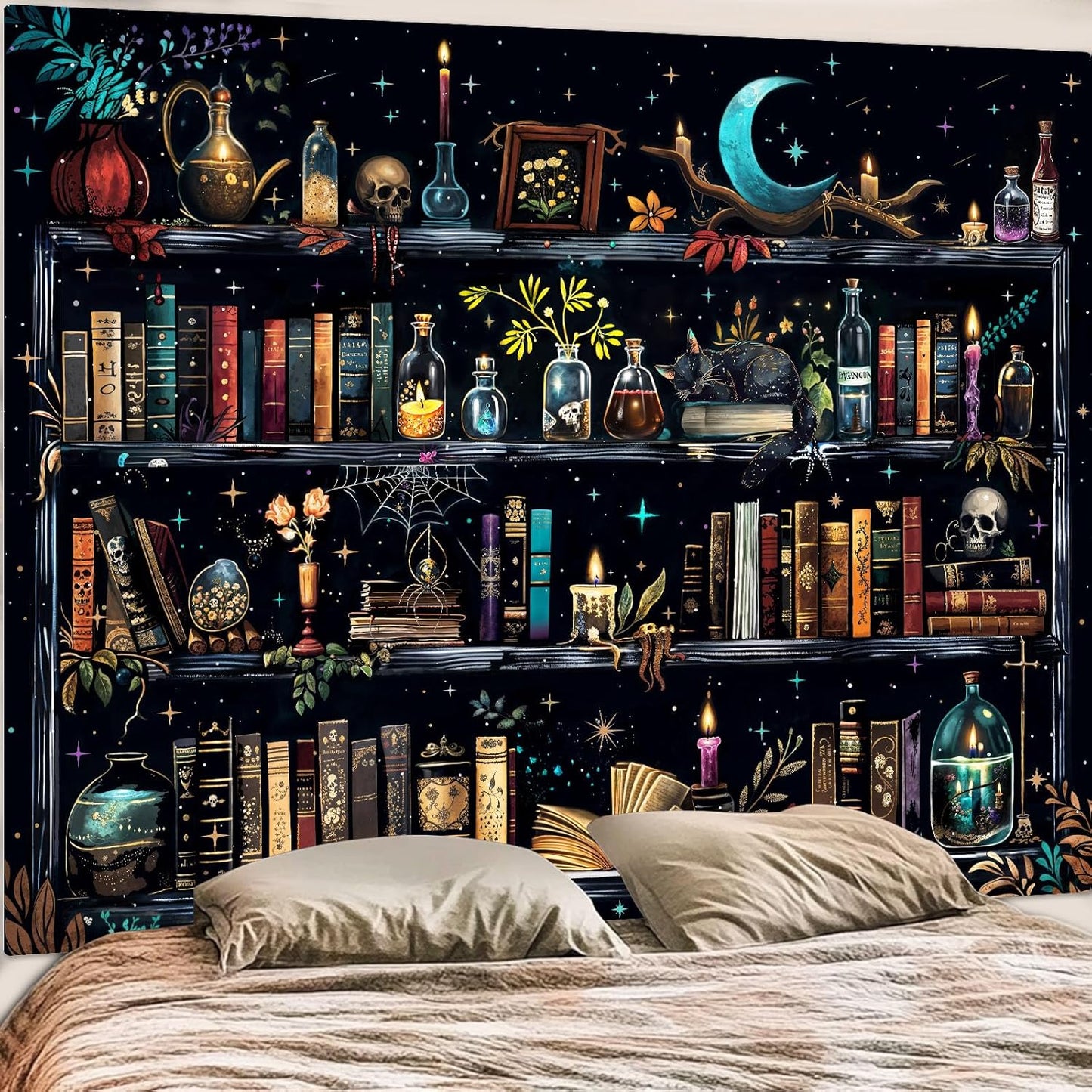 Accnicc Magic Bookshelf Tapestry Magical Witchy Potion Dark Hippie Haloween Tapestries Wall Hanging Gothic Skull Black Cat Library Book Large Tapestry for Bedroom Living Room Dorm 90 x 68 inch