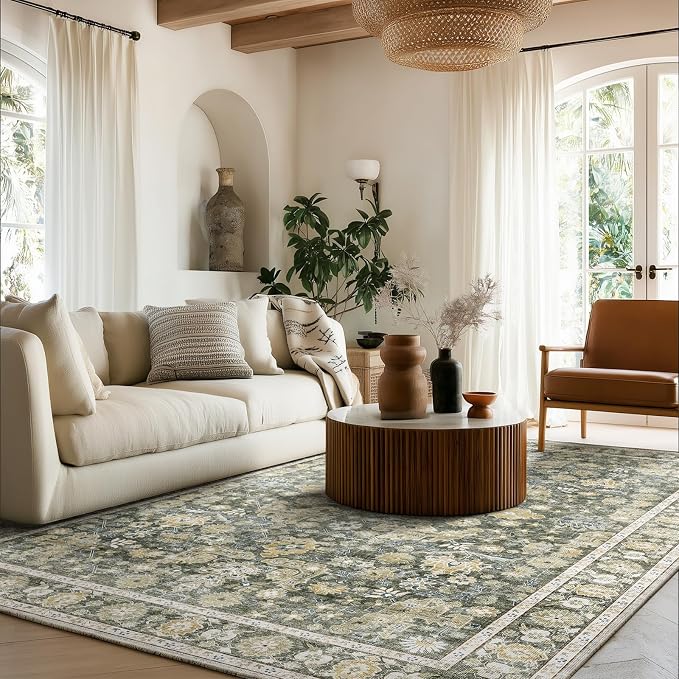 Washable Rugs for Living Room: 5x7 Area Rugs for Bedroom Ultra Soft Non-Slip Stain Resistant Vintage Boho Large Carpet for High-Traffic Dining Room - Farmhouse Decor