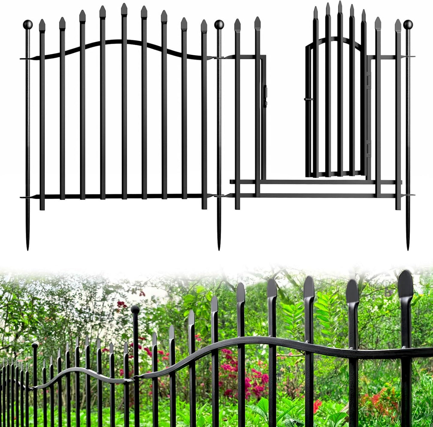 No-Dig Garden Decorative Fence with Gate - 5 Panels 24in H x 11.25ft L, Heavy-Duty Rust-Resistant Metal Dog Fence with Arched Design for Yard, Patio, and Flower Beds - Ideal for Pets and Landscaping