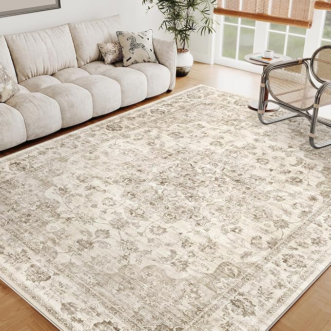 8x10 Washable Neutral Area Rug Beige Vintage Living Room Bedroom Carpet Non-Slip Medium Pile Thicker Floral Indoor Large Throw Rug for Dining Room Office