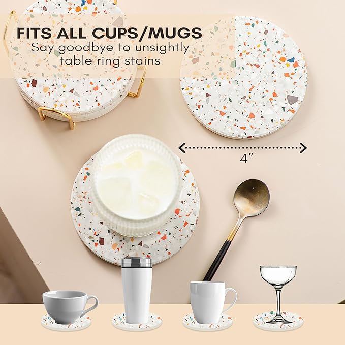 Terrazzo Coasters Set of 6, Ceramic Absorbent Drink Coasters, Cute Moisture Absorbing Coaster, Coffee Table Desk Decor, Colorful Stone Coaster for Drinks (Marble with Black Holder)