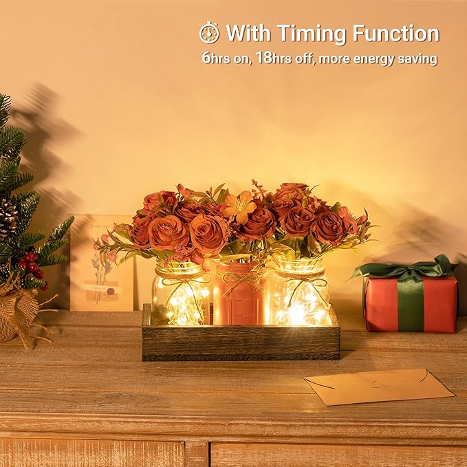 Mkono Mason Jar Lights Centerpiece Table Decorations for Dining Room Farmhouse Coffee Table Decor Tray with 3 Jars Flowers Centerpieces Valentines Day Decor for Kitchen Living Dining Room, Orange