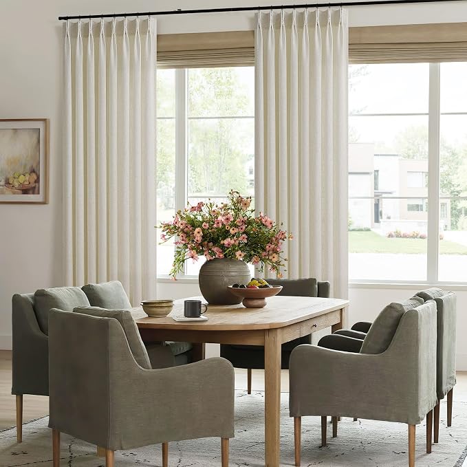 Beige Tan Pinch Pleated Linen Curtains 96 Inches Long for Living Dining Room Bedroom Light Filtering Pinch Pleat Hooks Rings Back Tab Neutral Country Farmhouse 96 Inch Window Curtain Drapes 1 Panel