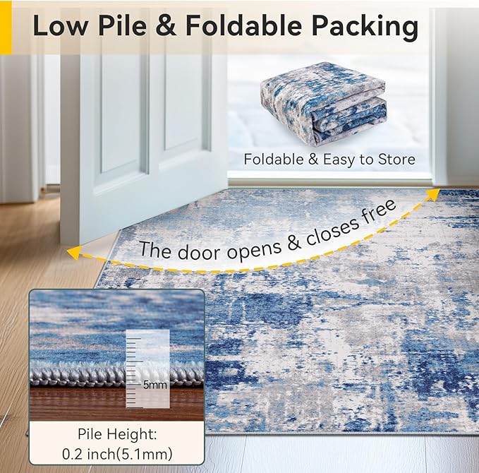 RELEANY Washable Area Rugs 3'x5' Non-Slip Modern Abstract Soft for Living Room Entryway Bedroom Nursery, Print Pattern, Blue Grey Navy Gray