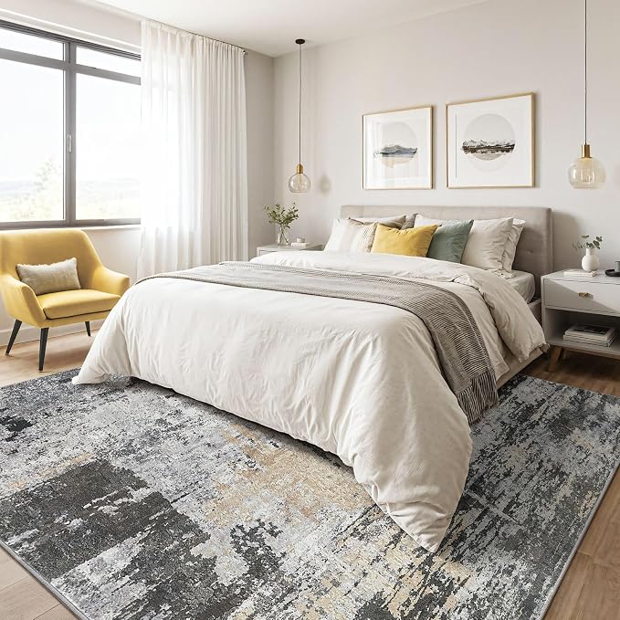 7x9 Area Rug Living Room: Washable Large Abstract Modern Soft Rug Stain Resistant Indoor Floor Non Slip Accent Carpet for Bedroom Nursery Playroom Dining Room Office Dorm Home House- Black Gold