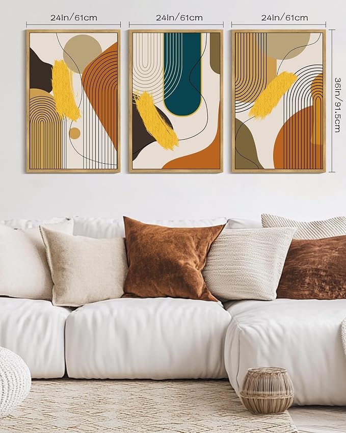 PHOPAGO Boho Abstract Framed Wall Art Large 24x36in Mid-Century Modern Bohemain Minimalist Luxury Gold Line Artwork Hallway Bedroom Decor - Natural Framed