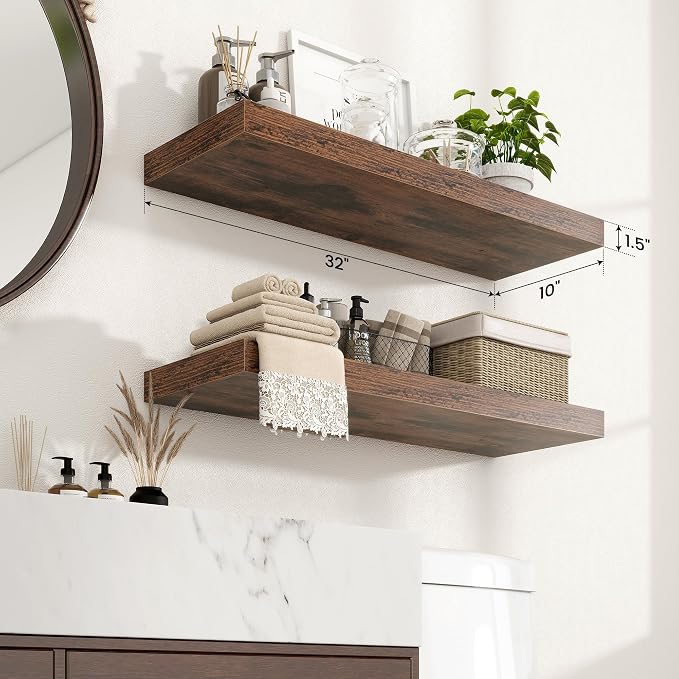 Axeman 32Inch Floating Shelves for Wall, 2 Pack Shelves for Bedroom, Bathroom, Kitchen, Hanging Wall Mounted Rustic Wood Shelf with Invisible Brackets for Books Decor, Rustic Brown