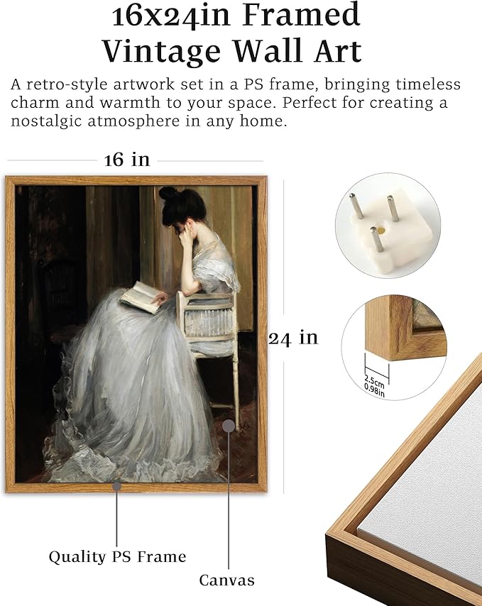 UPWOIGH The Reader Framed Portrait Wall Art, 16 x 24 Inch | Seated Woman Reading in a Flowing White Gown, Vintage Impressionist Style, Warm Wood Frame for Bedroom and Reading Nook