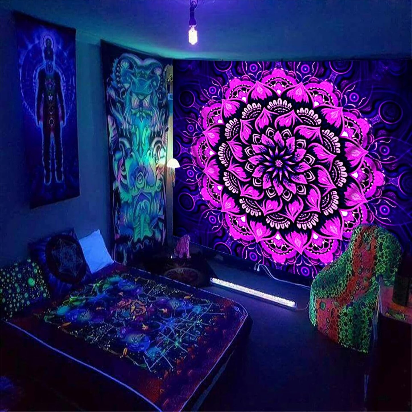 Psyhilar Blacklight Mandala Tapestry Wall Hanging, Psychedelic Flower Black Light Posters for Adults and Teens, UV Reactive Aesthetic Bohemian Art for Bedroom (90 x 70 Inches)