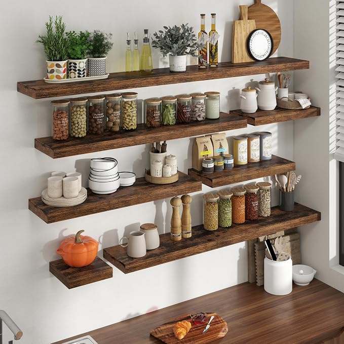 20 Inch Floating Shelves for Wall, 8 Inch Deep Floating Shelf for Storage & Display, Wall Mounted Shelf with Invisible Brackets for Living Room, Kitchen, Bathroom, Home Decor, Set of 2, Rustic Brown