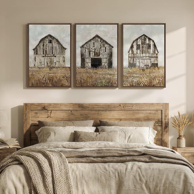 Large Framed Farmhouse Wall Art for Living Room, Set of 3 Vintage Barn Canvas Prints, Rustic Country Wall Decor for Bedroom Dining Room Hallway 20x30 Inch