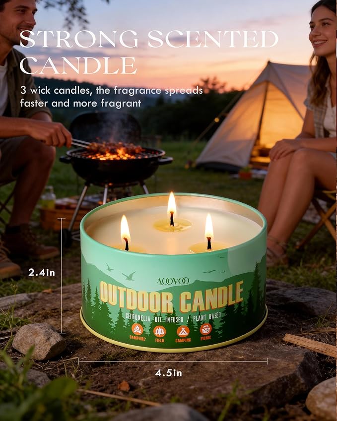 AOOVOO Citronella Candles Outdoor - 3 Wick 12oz Large Camping Candle, Soy Wax Non Toxic, Strong Citronella Scented Candle for Patio Backyard Garden Picnic