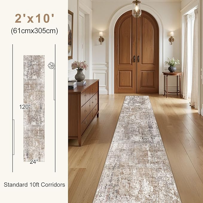 UERMEI 2X6 Washable Runner Rug for Hallway: Soft Neutral Modern Abstract Area Rug - Non-Slip Low Pile Long Throw Indoor Carpet for Kitchen Entryway Kitchen Bedroom Laundry Bathroom - Brown/Grey/Red