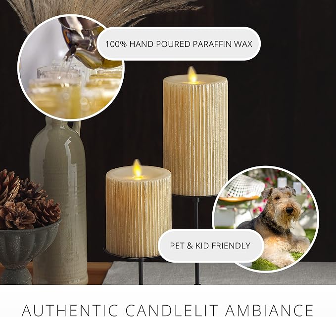 Luminara Flameless LED Candle (3.25x4.5) with Embossed Metallic Furrow, Moving Flame LED Pillar, Real Wax with Recessed Edge, Battery Operated - Pearl Ivory