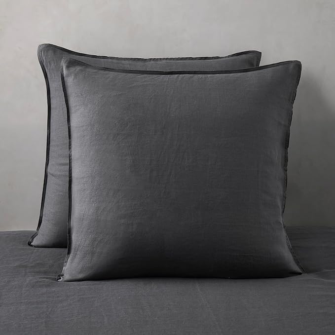 ATLINIA 100% Linen Pillowcases Set of 2, Euro Size 26" x 26" Pillow Case, Linen Pillow Sham Dark Grey
