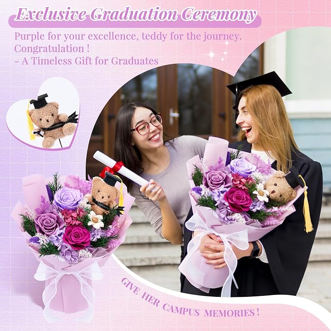 “So Proud of You”Preserved Purple Bouquet with Graduation Bear in Cap Gown | Real Eternal Flowers with Vase