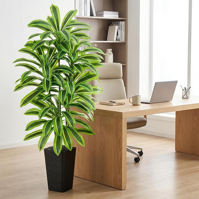 Artificial Dracaena Tree：5FT Faux Silk Tropical Yucca Floor Trees Realistic Fake Green Plant with Natural Wood Trunk & Lifelike Leaves for Home Office Decor Indoor & Outdoor (5FT,1-Pack,Black)