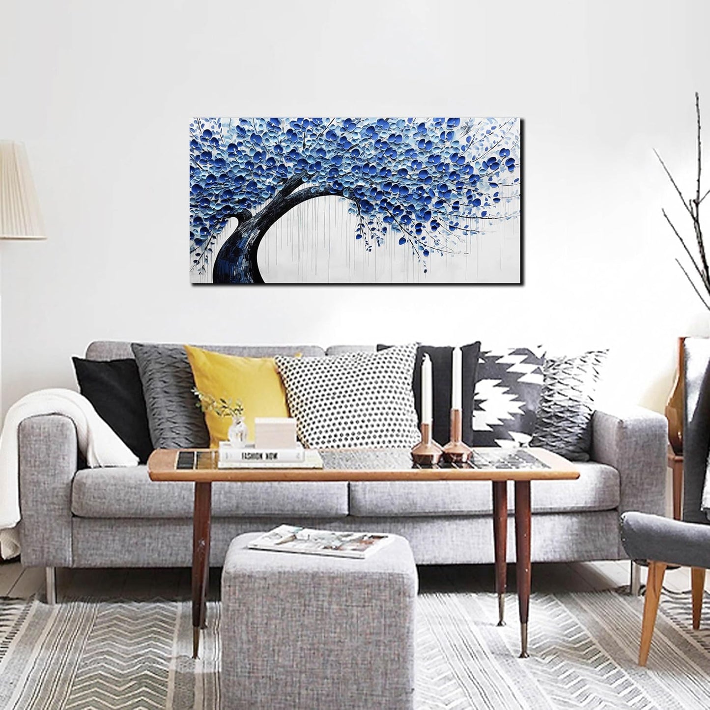 Large Wall Art for Living Room Bedroom Home Office Blue Tree of Life Wall Art Floral Picture Framed Wall Decor Modern Canvas Prints 20x40 In