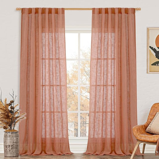 LAMIT Terracotta Linen Curtains 90 Inch for Living Room, Fall Western Decor Panels, Back Tab and Rod Pocket Boho Burnt Orange Rustic Drapes for Bedroom, Set of 2, 52 x 90 Inch