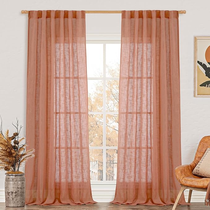 LAMIT Terracotta Linen Boho Curtains 84 inch Length 2 Panels, Light Filtering Burnt Orange Panels Back Tab and Rod Pocket Western Rustic Drapes for Bedroom/Living Room, 52 x 84 Inch