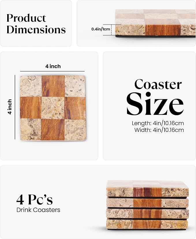 Marble Coasters Set of 4, Coral & Red Handmade 4 inch Square Natural Marble Coaster, Elegant Drink Checkered Coasters for Coffee Table, Stylish Bar Accessories & Home Décor