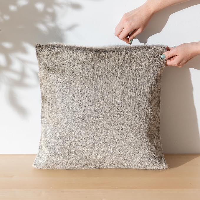 ecowhides 100% Genuine Brazilian Cowhide Pillow Cover – Grey – Double-Sided – Luxury Leather Decorative Cushion for Rustic & Western Home Décor – 15” x 15”