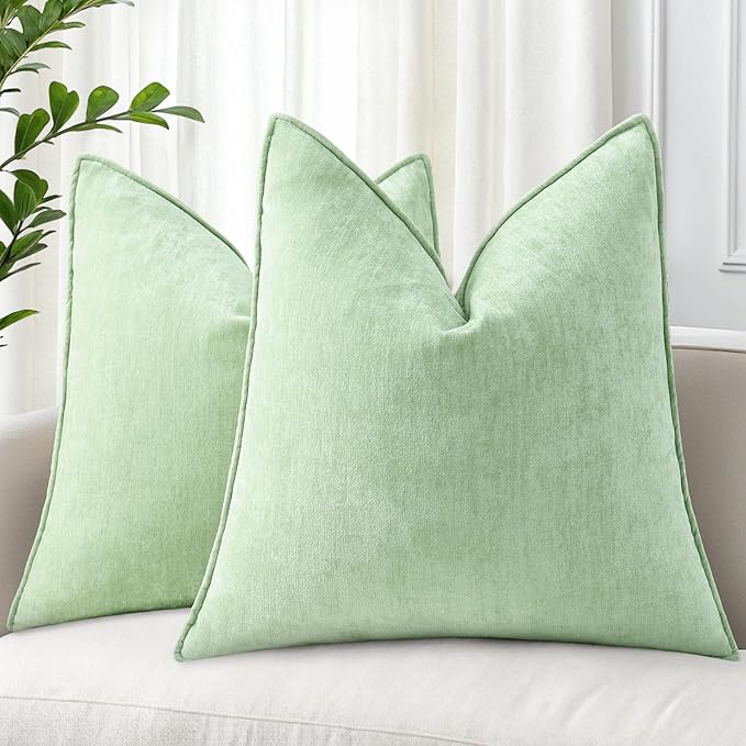 decorUhome Summer Couch Euro Sham Throw Pillow Covers 24x24 Set of 2, Decorative Soft Velvet Modern Cozy Chenille Pillow Cases with Elegant Design for Sofa Bed Living Room Home Decor, Sage Green