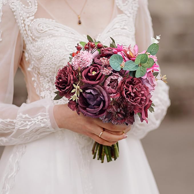 Artificial Flowers Combo Box, 38PCS Fake Flowers, Silk Flower Mix with Wire Stem, DIY Wedding Bridal Bouquet for Arrangement, Shower Party Home Décor, Blush Pink & Burgundy Mix