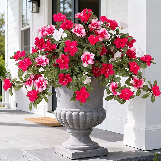 Ammyoo Artificial Fake Azalea Flowers for Outdoor Spring Decoration, Faux Silk Flower for Summer UV Resistant Look Real Plants for Garden Yard Porch Walkway Indoor Decor, 2PCS