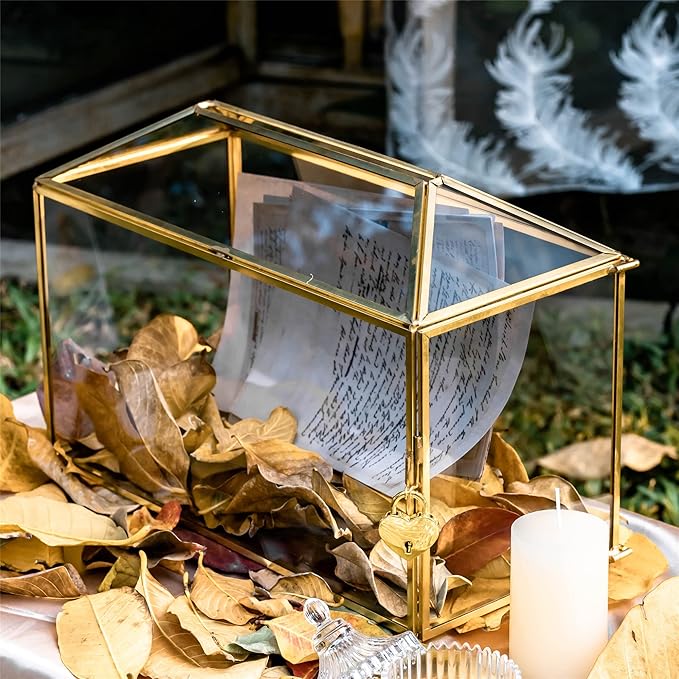 NCYP 12.6" x 5.9" x 9" Glass Wedding Cards Box with Slot and Lock for Party Reception, Centerpiece, Home Decorative, Gold (Glass Box Only) Slot Length 7.3 Inches