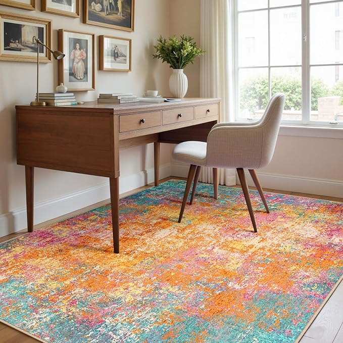 RELEANY Washable Area Rugs 4'x6' Non-Slip Modern Abstract Soft for Living Room Entryway Bedroom Nursery, Print Pattern, Orange Blue Pink Yellow Colorful