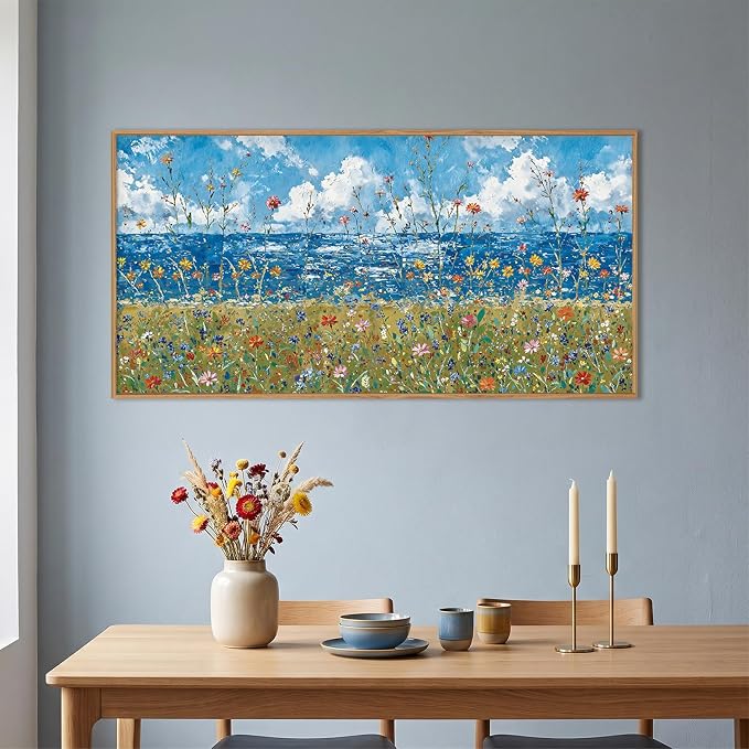 BICERE Large Blue Seaside Wildflower Framed Canvas Wall Art,Modern Nature Ocean Wall Decor,Rustic Sky Printing,White Cloud Landscape Artwork for Living Room,Bedroom,Dining Room-20"x40"x1