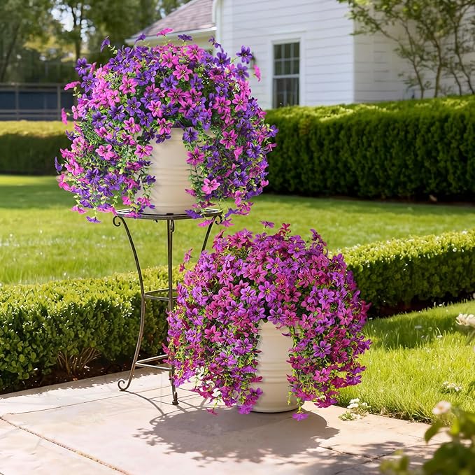 Artificial Hanging Baskets Outdoor, 4 Bundles Artificial Hanging Flowers Outdoors Spring Summer Decoration, No Fade Realistic Fake Hanging Baskets for Porch Patio Balcony Home Yard Decor