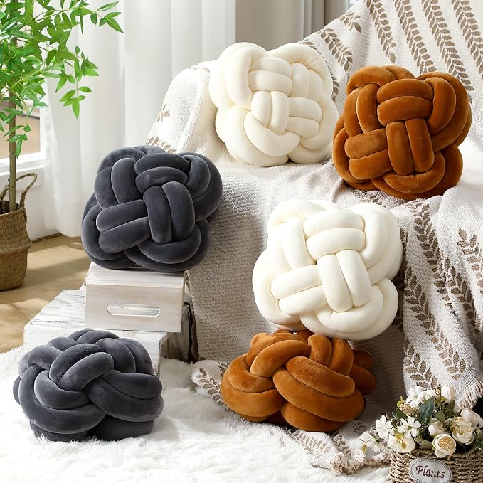 Beeveer 2 Pcs Knot Pillow Balls Set, 12 Inch Soft Decorative Throw Knot Pillow Ball, Large Square Knotted Floor Cushion for Living Room Bedroom Sofa Couch Bed Home Decoration(Caramel Brown)
