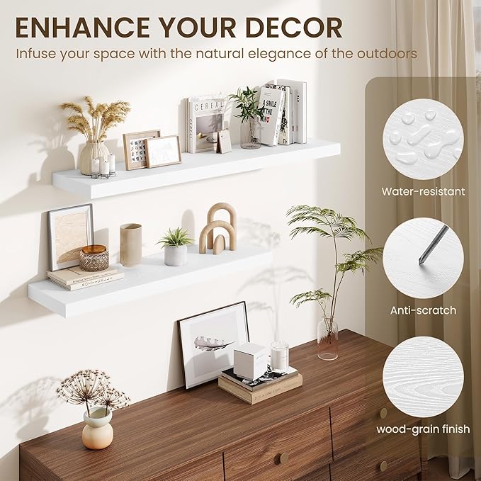 Fun Memories Floating Shelves Set of 3, 36 Inch Long Wooden Wall Shelves, 10 Inch Deep Wall Mounted Storage Shelf with Metal Brackets for Living Room, Bathroom, Bedroom and Kitchen, White