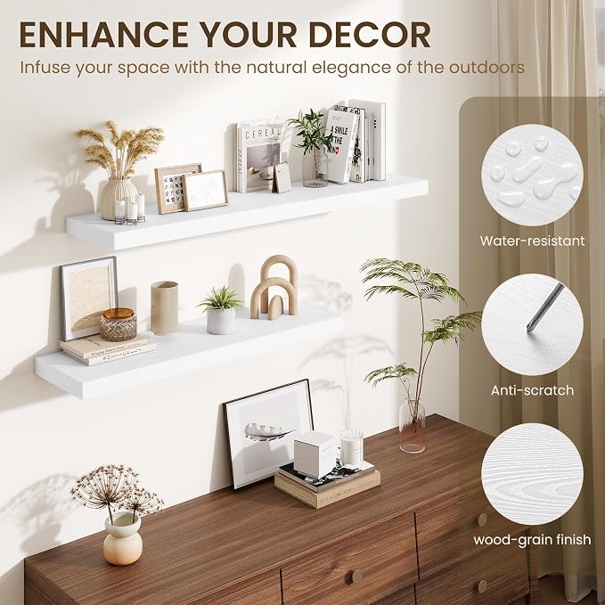 Fun Memories Floating Shelves for Wall, 30 Inch Long Floating Shelves Set of 3, 30 x 10 Wooden Shelves for Wall, Large Storage Shelves, Hanging Shelves for Bathroom Kitchen Bedroom, White