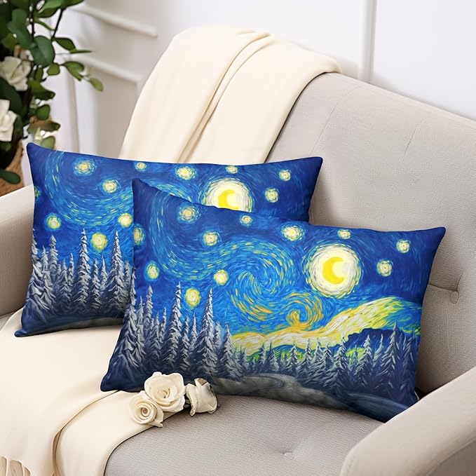 Winter Pine Forest Pillow Covers Van Gogh Starry Night Lumbar Throw Pillow Covers Christmas Tree Pillowcase 12x20 Set of 2 Rectangular Cushion Case for Living Room Couch Sofa