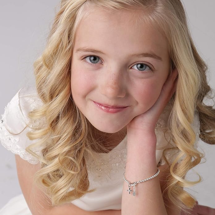 Cherished Moments Girl's 14K Gold-plated Stackable Bracelet with Cross Charm for Girls Baptism, Christening, First Communion and Keepsake Gift